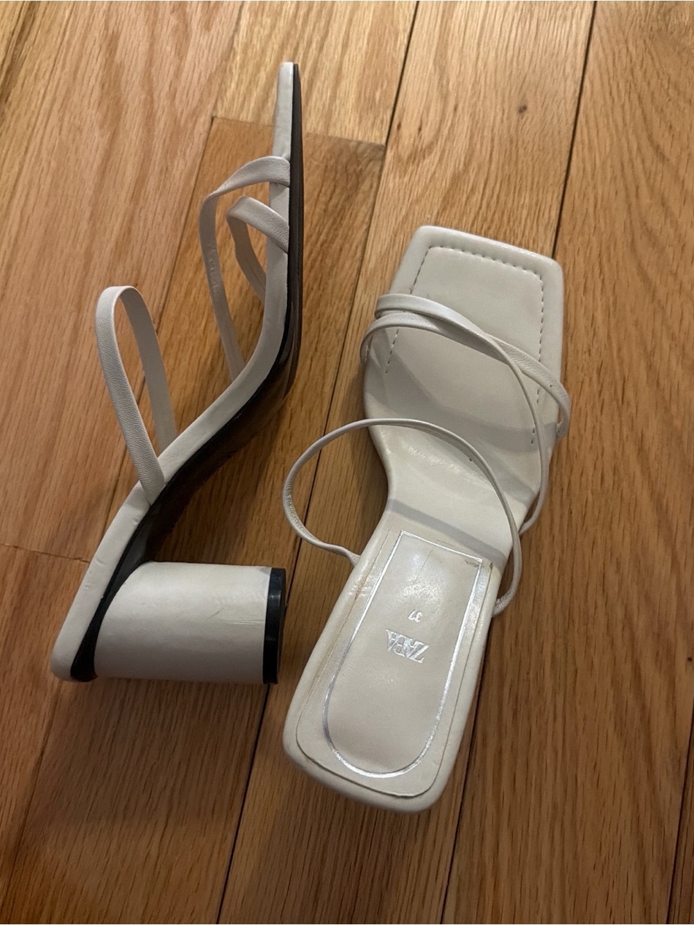Zara White Strappy Square-Toe Block Heel Sandals